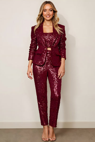 Sequin 2 Piece Burgundy Shawl Lapel Prom Suit